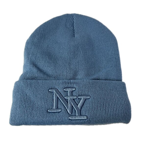 Embroidered NY Men Women Winter Knit Warm Fur lined Beanie Hat - Sea Blue - Picture 4 of 5